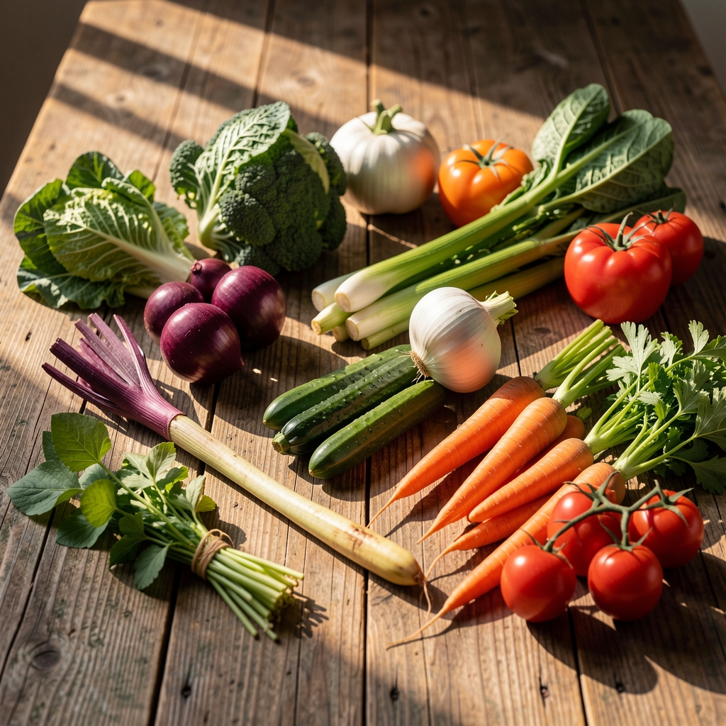 Fresh seasonal vegetables spread across a worn oak table, late afternoon light casting long shadows, editorial food photography